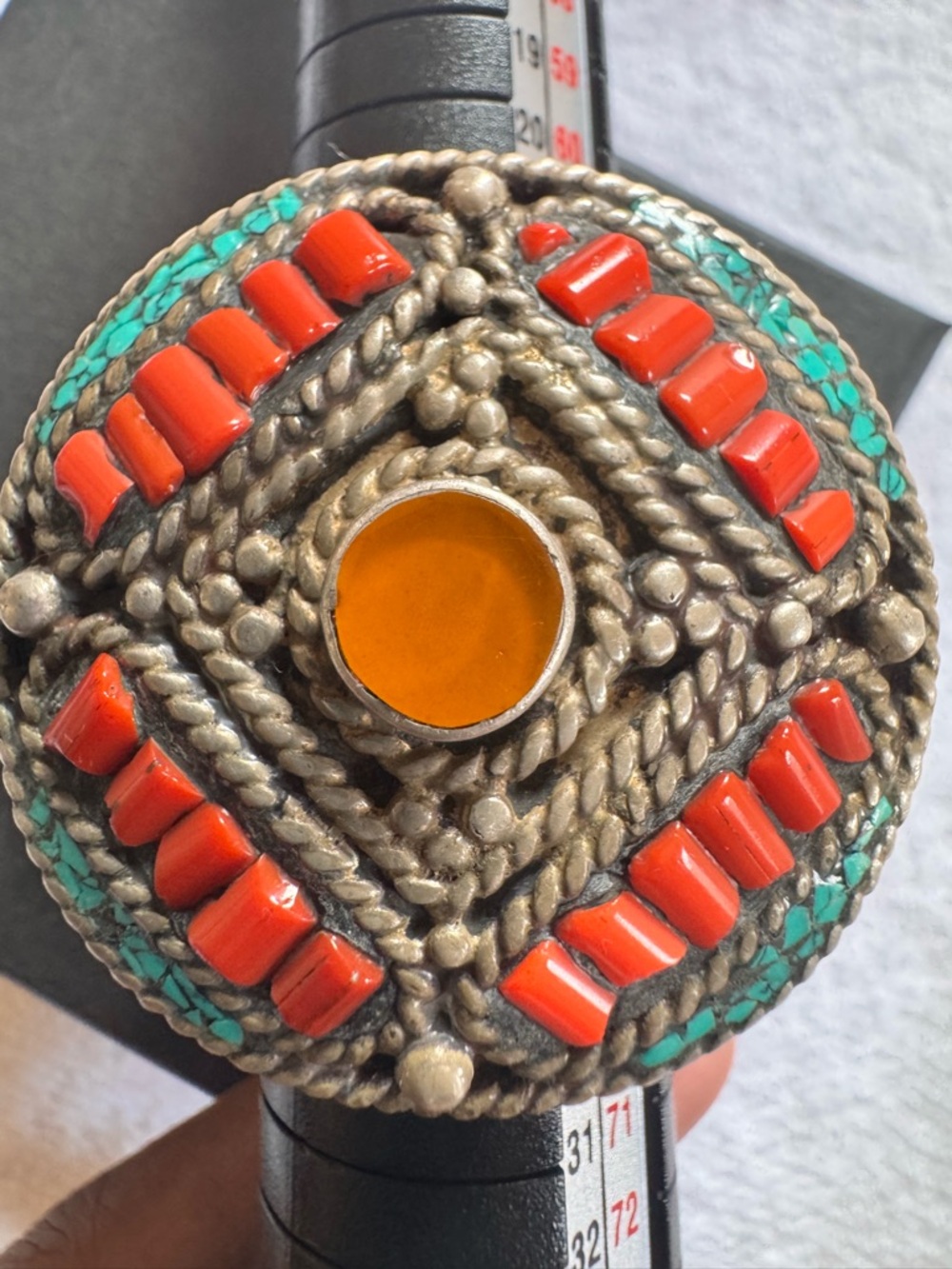 Statement Bohemian Silver-Tone Ring with Orange Center and Coral Accents
